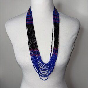 Seed Bead Necklace Waterfall Design 16 Strands Blue Red Black Boho Festival